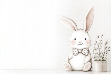 Poster - Cute illustrated rabbit with a bow tie beside a flower pot in a minimalistic setting. Generative AI