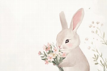 Aufkleber - Cute rabbit holding a bouquet of flowers in a soft pastel setting during springtime. Generative AI