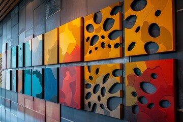 Poster - Modern art installation with colorful square and rectangular shapes creating a textured wall pattern
