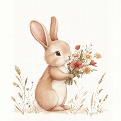 Poster - Cute rabbit holding a bouquet of wildflowers in a serene natural setting during spring time. Generative AI