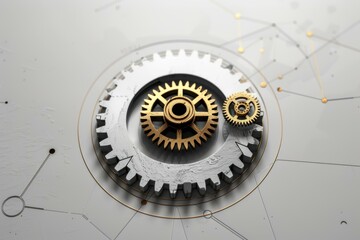 Poster - Golden and white gears working together on network background, symbolizing teamwork and technology