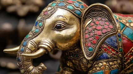 Close up of a detailed handcrafted gold elephant statuette adorned with colorful gems