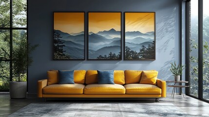 Poster - Living room with yellow sofa, art.