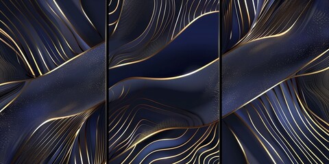 Poster - Dark blue background with golden lines, three panels of abstract digital art.