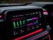 © HoursStudio - A sleek car dashboard display shows colorful graphs and data metrics, illuminated by vibrant ambient lighting.