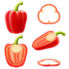 Wall Mural - realistic ripe raw bell pepper vegetable. whole, half and slices cutted veggie. isolated 3d vector s
