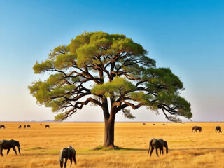 Poster - A large tree stands in a field with a herd of elephants grazing nearby. The scene is peaceful and serene, with the tree providing shade and a sense of calm in the midst of the open plain