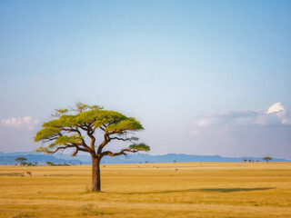 Canvas Print - A lone tree stands in a vast, empty field. The sky is clear and blue, and the sun is shining brightly. The scene is peaceful and serene, with the tree providing a sense of life