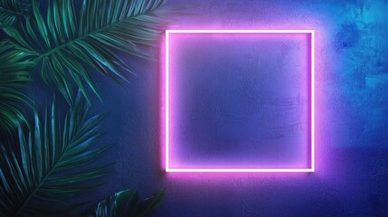 Poster - Neon Light Frame with Tropical Leaves on Textured Blue Wall Background