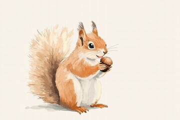 Poster - Cute squirrel illustration holding an acorn with fluffy tail and detailed fur in a neutral background setting. Generative AI