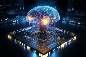 Poster - Glowing blue artificial intelligence brain hovering over circuit board, symbolizing machine learning and futuristic technology
