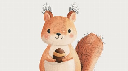 Poster - Cute squirrel holding an acorn in a simple and charming illustration. Generative AI