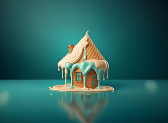 Aufkleber - A whimsical gingerbread house, melting in a pool of turquoise icing, sits on a reflective surface against a teal backdrop.  The scene evokes a feeling of warmth and playful chaos.