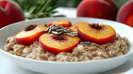 Poster - Creamy Oatmeal with Fresh Peach Slices and Sprinkles for a Summer Breakfast