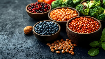 Sticker - Colorful Assortment of Lentils, Beans, Berries and Broccoli in Wooden Bowls