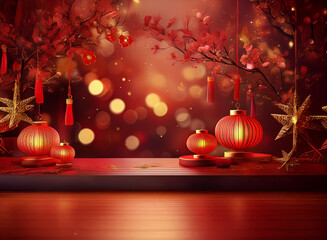 Poster - A festive scene with red lanterns, blossoming branches, and golden stars against a bokeh backdrop.  Perfect for Lunar New Year celebrations.
