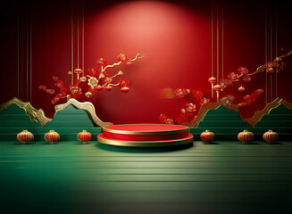 Poster - Elegant red and green stage with circular podium, adorned with stylized plum blossoms and lanterns.  Perfect for celebratory displays.