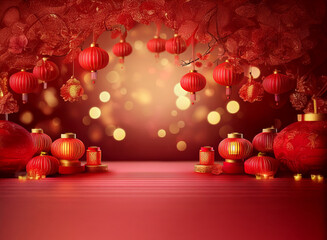 Poster - A festive scene with red lanterns and candles illuminates a celebratory atmosphere.  Warm bokeh lights add to the enchanting ambiance, perfect for a holiday backdrop.
