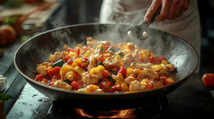 Wall Mural - Chef preparing a flavorful chicken and vegetable stir-fry in a hot wok