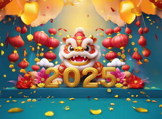 Poster - A cute lion dance figurine celebrates the year 2025 amidst festive balloons, lanterns, and flowers.  Golden confetti adds to the celebratory atmosphere.