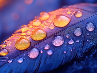 Poster - Dynamic Macro Shot of Shimmering Water Drops on a Feather in Soft Light