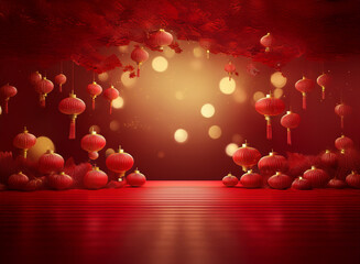 Poster - Red lanterns hang in a dimly lit space, creating a festive and celebratory atmosphere.  The scene evokes feelings of warmth, tradition, and good fortune.
