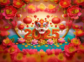 Poster - Vibrant illustration celebrating the 2025 Lunar New Year.  A playful lion dance head is central, surrounded by blooming flowers, lanterns, and gold coins, signifying prosperity and good fortune.