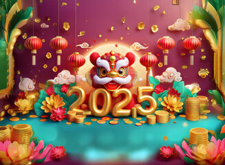 Poster - Vibrant 2025 Lunar New Year scene. A cute lion dance costume sits amongst gold coins, flowers, and lanterns against a rich purple backdrop.  Celebrating prosperity and good fortune.
