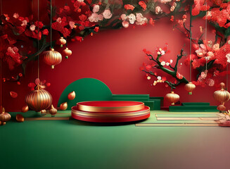 Poster - Red and gold tiered platform adorned with blossoming branches and hanging lanterns, creating a festive backdrop.  A celebration of spring and new beginnings.