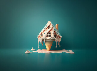 Poster - A whimsical ice cream house melts dramatically on a teal background.  The sweet treat architecture is melting onto a cone and pooling on the surface.