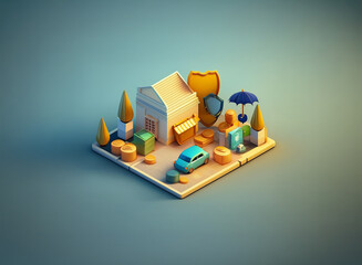 Low-poly 3D illustration depicting a bank building, car, coins, and insurance symbols (shield, umbrella).  Represents financial security and protection.