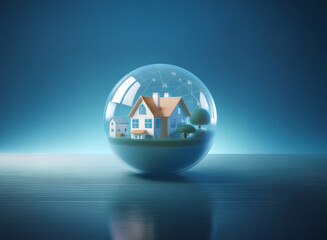 Poster - A miniature house and small buildings sit inside a transparent sphere, symbolizing protection and security within a connected environment.  The scene is set against a dark blue background, reflecting 
