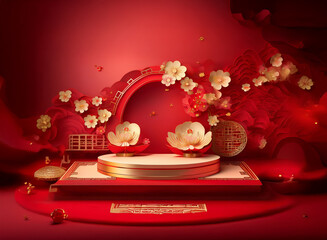 Poster - Elegant red and gold podium with paper flowers and swirling designs, creating a festive and luxurious atmosphere.  Perfect for product display or celebration.