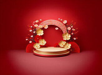Poster - Elegant, circular display with gold and red accents.  Paper flowers and branches adorn a beige pedestal against a rich red background.  Perfect for festive celebrations.