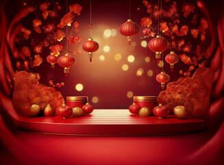 Aufkleber - Elegant red and gold backdrop. Festive lanterns and autumn leaves adorn a luxurious display with product platforms. Perfect for showcasing seasonal items or luxury goods.