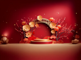 Poster - Elegant red and gold festive display with a circular podium, adorned with paper flowers and lanterns.  Perfect for celebration and product showcase.