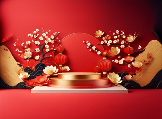 Poster - Elegant red and gold podium adorned with paper-cut flowers, lanterns, and stylized mountains; a festive scene perfect for celebrations.