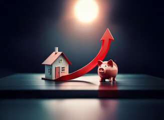 Poster - A miniature house and piggy bank sit below a rising red arrow, symbolizing increasing property values and savings growth.  The scene is dramatically lit, highlighting the upward trend.