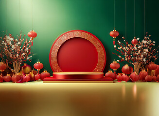 Poster - Elegant red and gold podium with Chinese lanterns and blossoming branches against a green backdrop.  Perfect for festive displays and product showcases.