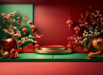 Poster - Elegant festive display with red and green tones.  Gold cylindrical platform is the centerpiece, flanked by blossoming branches, red lanterns, and pomegranates.  Symbolic of prosperity and new beginni