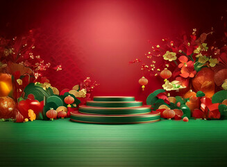 Poster - A festive scene with a three-tiered green podium, surrounded by red and gold Chinese New Year decorations including lanterns, flowers, and fruit.  The backdrop is a rich red.