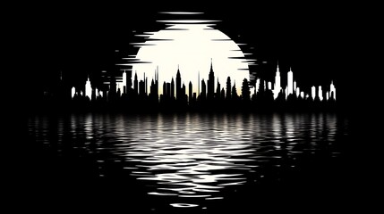 Wall Mural - City Skyline Silhouette Reflected in Water Under Moon