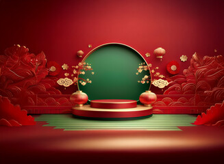 Poster - Elegant red and gold podium with Chinese New Year decorations.  Green circle backdrop, paper-cut style, festive mood.