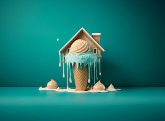 Poster - A melting ice cream cone with a miniature house on top, dripping onto a teal surface.  The scene evokes a feeling of summer warmth and sweetness.