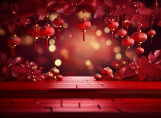 Poster - Red lanterns and floral decorations hang above a rich red wooden table against a bokeh background.  Perfect for festive displays.