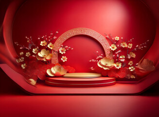 Poster - Red and gold festive scene with a circular archway, platform, and blooming flowers.  Perfect for celebration displays.