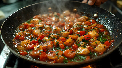 Wall Mural - Close-up of sizzling scallops with tomatoes and parsley in a pan, culinary arts