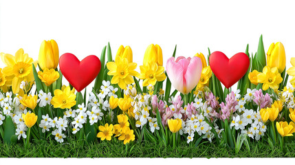 Wall Mural - Colorful Spring Flowers and Hearts on Grass Isolated on White Background