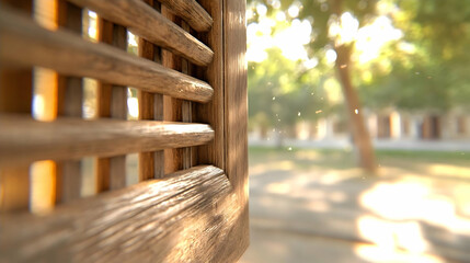 Wooden window lattice, sunlight, garden view;  peaceful outdoor scene, perfect for home d?cor or travel websites