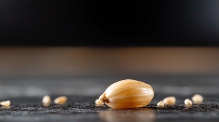 Wall Mural - Close-up of single grain wheat on dark surface